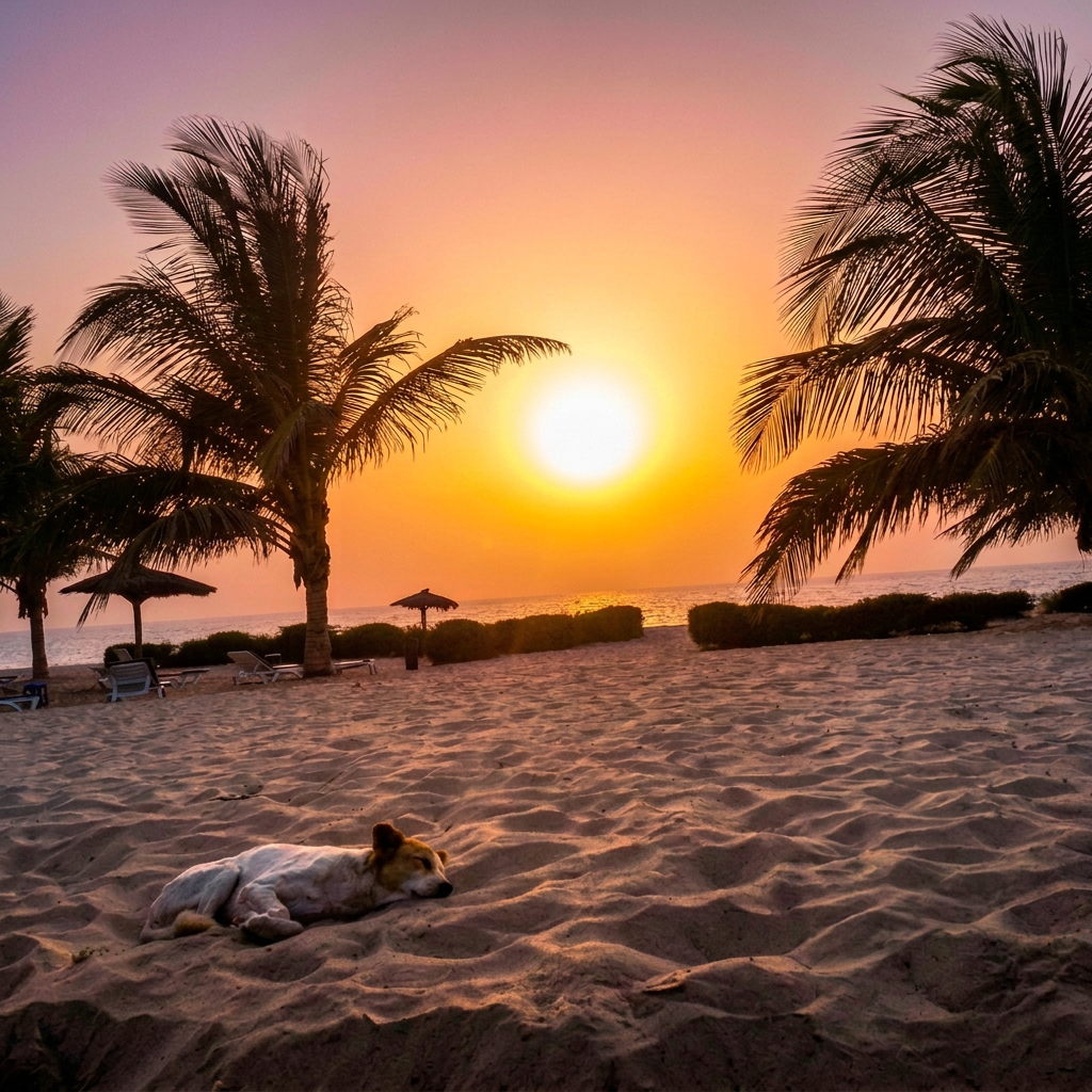 Sunset over Kafountine beach with palm trees